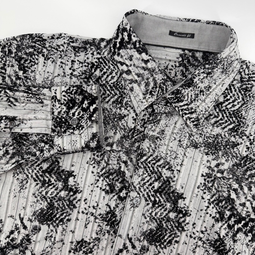 Bugatchi Mens X Large Long Sleeve Button Down Shirt Black White Velvet‎ Print